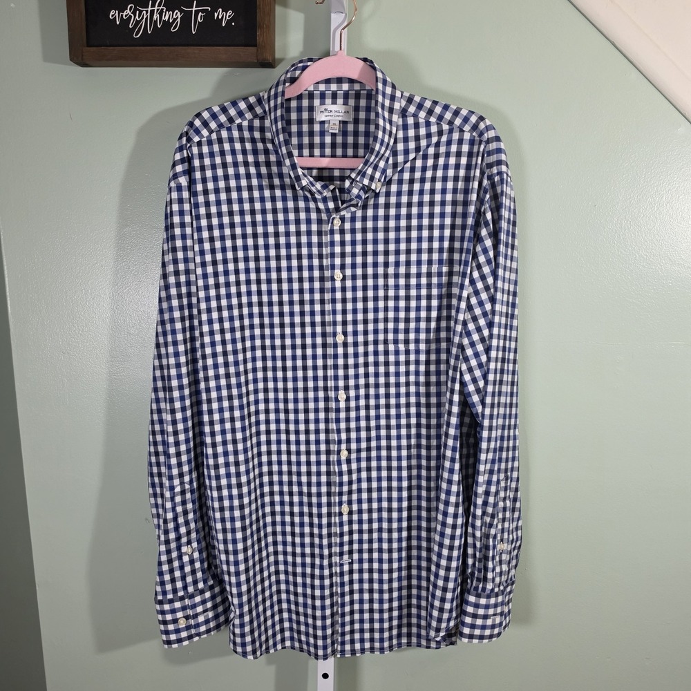 Peter‎ Millar Summer Comfort Gingham Button Down Mens XL Golf Blue White